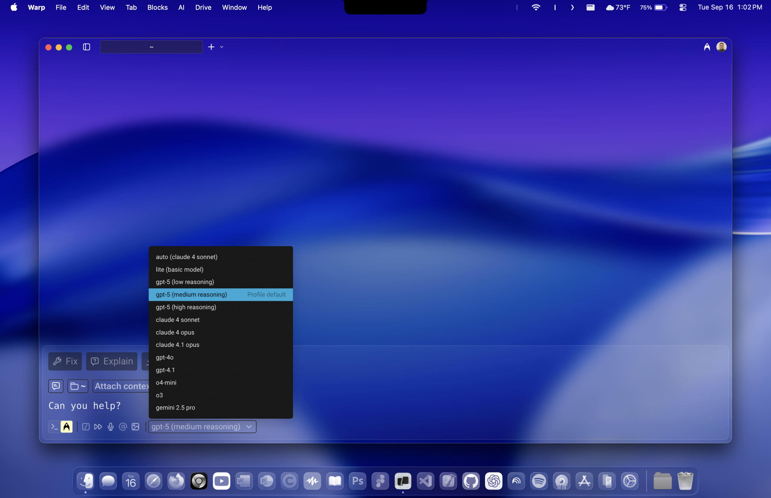 Warp AI agent analyzing code files with line references displayed.