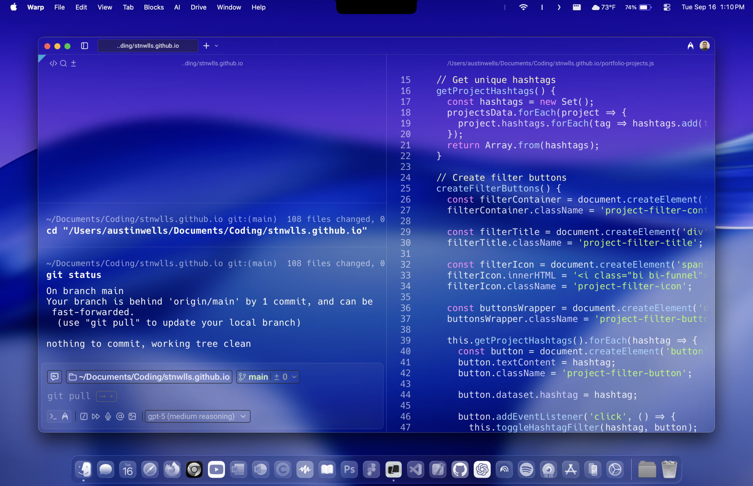 Warp terminal split view with git commands and JavaScript file editing.