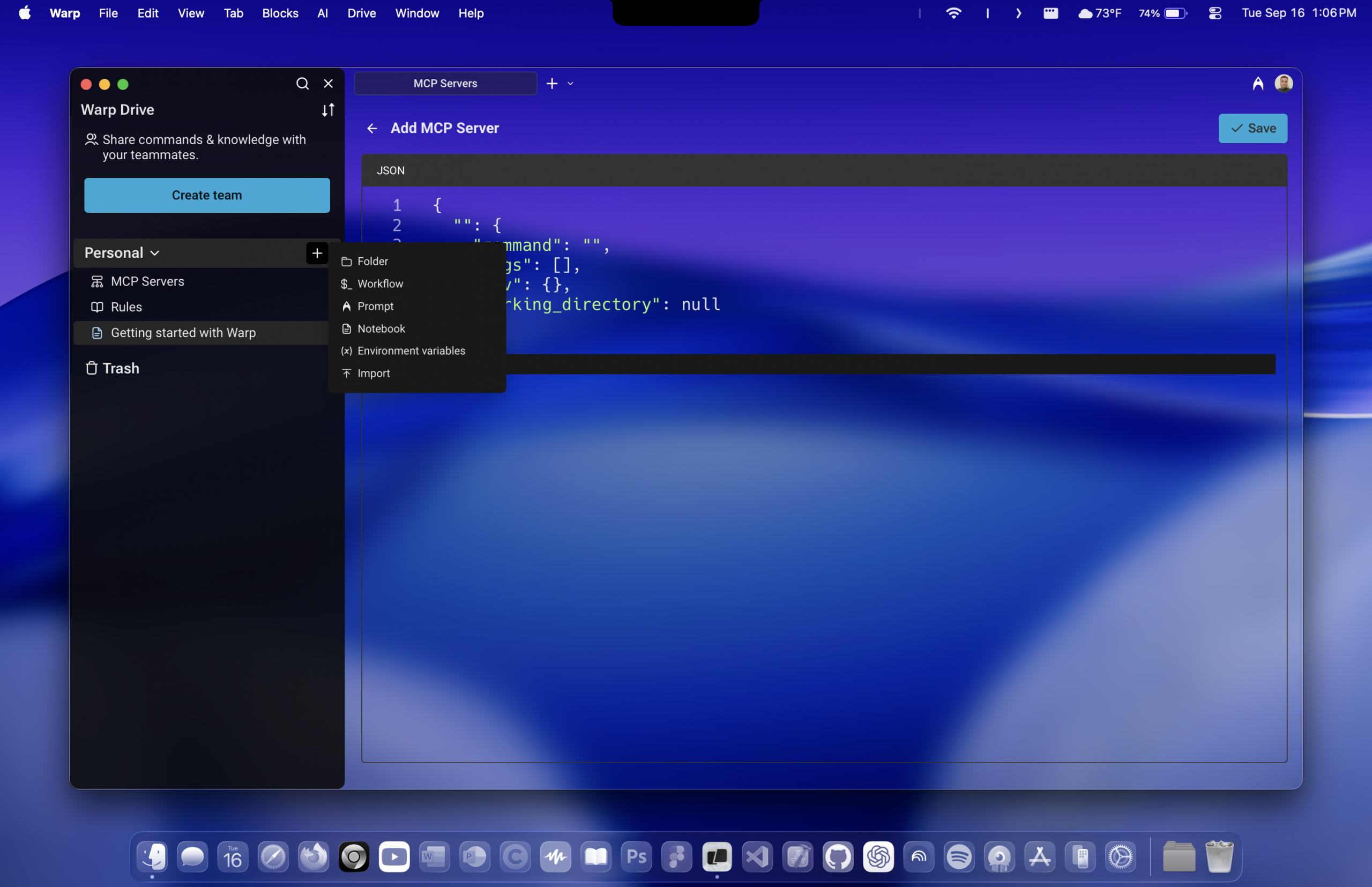 Warp Drive sidebar showing MCP servers and personal workspace tools.