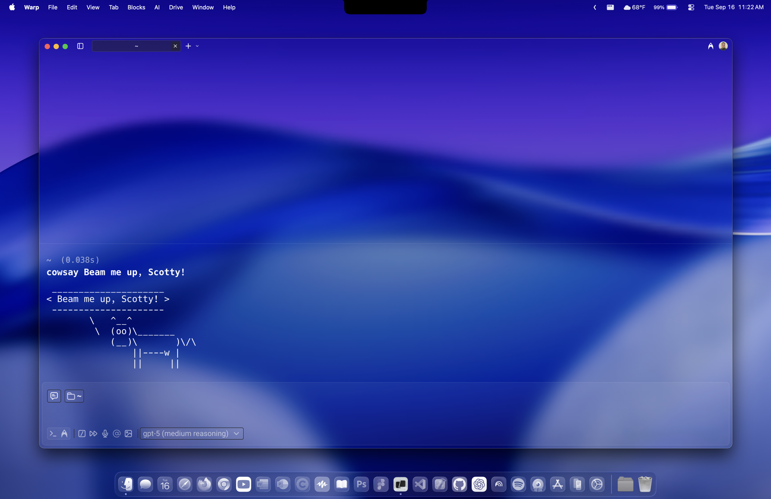 Screenshot showing the app Warm Terminal open featuring a cow saying "Beam me up, Scotty!"