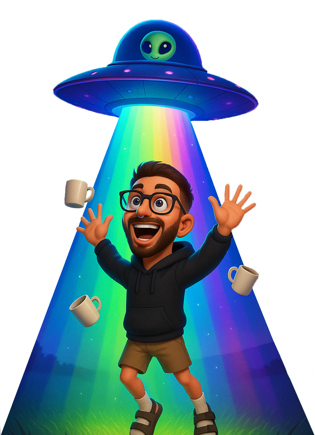A cartoon of the author being abducted by aliens, looking happy.