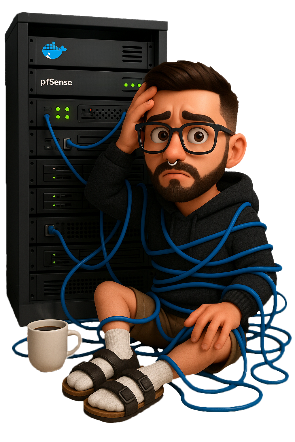 Cartoon of author sitting next to a server wrack tangled in cables